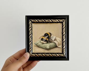 Bee Reading Book Oil Painting Mini Framed Canvas Wall Art