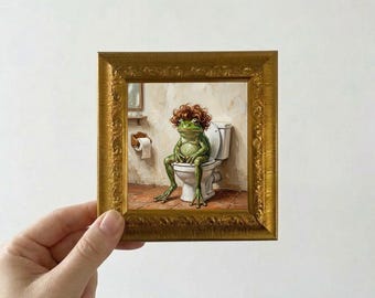 Funny Frog on Toilet Oil Painting Mini Framed Canvas Wall Art