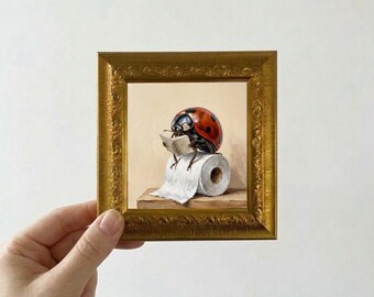 Ladybug Reading Book on Toilet Paper Oil Painting Mini Framed Canvas Wall Art