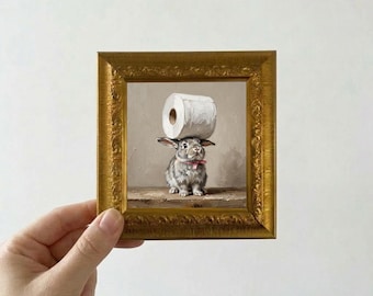 Bunny Carrying Toilet Paper Oil Painting Mini Framed Canvas Wall Art
