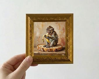 Whimsical Monkey Eating Banana on Bread Oil Painting Mini Framed Canvas Wall Art
