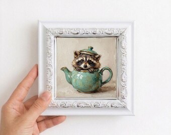 Raccoon in Teapot Oil Painting Small Framed Canvas Wall Art