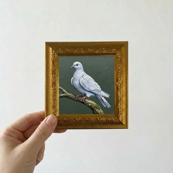 Pintura al óleo de paloma blanca, mini lienzo enmarcado, arte de pared