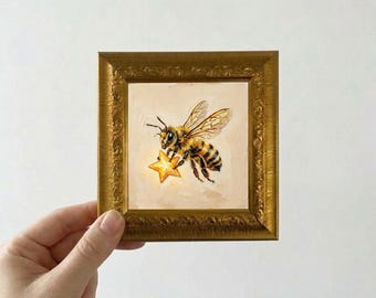 Funny Bee Carrying a Star Oil Painting Small Framed Canvas Wall Art