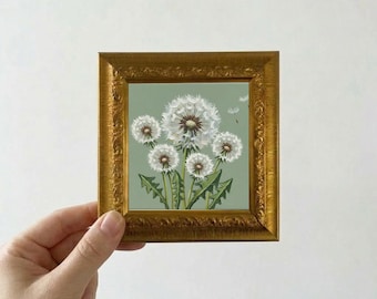 Pintura al óleo original de diente de león, mini lienzo enmarcado para pared