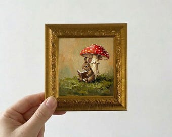 Bunny Reading Under Mushroom Oil Painting Small Framed Canvas Wall Art