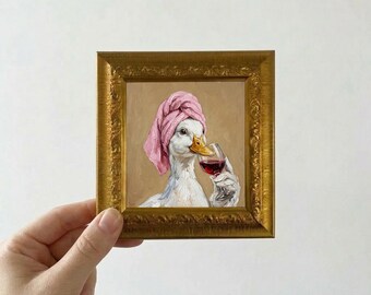 Funny Duck Drinking Wine Oil Painting Mini Framed Canvas Wall Art