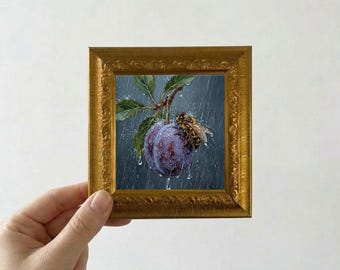 Bee on Plum in the Rain Oil Painting Small Framed Canvas Wall Art