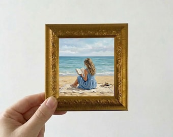 Woman Reading on Beach Oil Painting Mini Framed Canvas Wall Art