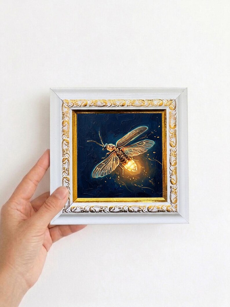 Puede incluir: Pintura enmarcada de una luci&eacute;rnaga sobre un fondo azul oscuro. La luci&eacute;rnaga se representa con alas transl&uacute;cidas y un abdomen brillante. El marco blanco con detalles dorados a&ntilde;ade un toque de elegancia a la obra.