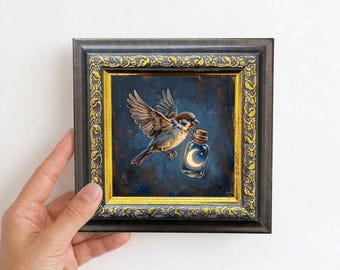 Funny Bird Carrying the Moon Oil Painting Mini Framed Canvas Wall Art