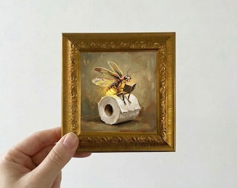 Firefly Reading Book on Toilet Paper Oil Painting Small Framed Canvas Wall Art
