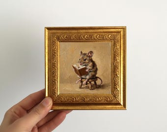 Reading Mouse Oil Painting Mini Framed Canvas Wall Art