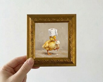 Duckling Eating Ice Cream with Toilet Paper Oil Painting Mini Framed Canvas Wall Art