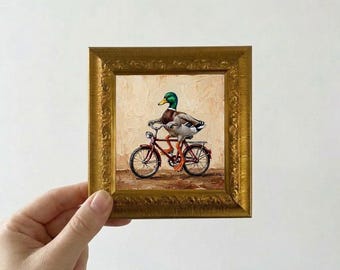 Duck Riding a Bicycle Oil Painting Small Framed Canvas Wall Art