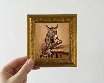 Donkey Eating Pizza Oil Painting Small Framed Canvas Wall Art