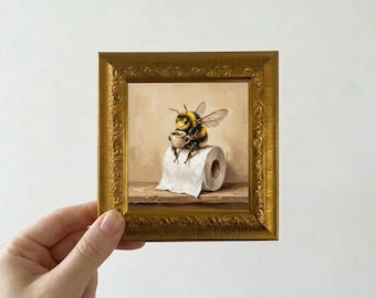 Bee Drinking Coffee on Toilet Paper Oil Painting Mini Framed Canvas Wall Art