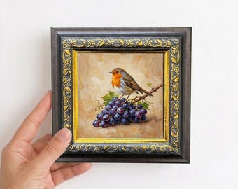 Robin Bird on Grapes Oil Painting Mini Framed Canvas Wall Art