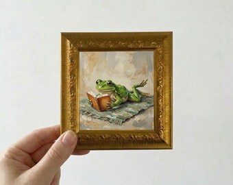 Relaxing Frog Reading Book Oil Painting Small Framed Canvas Wall Art