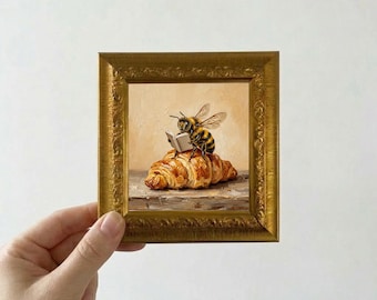 Bee Reading on Croissant Oil Painting Small Framed Canvas Wall Art