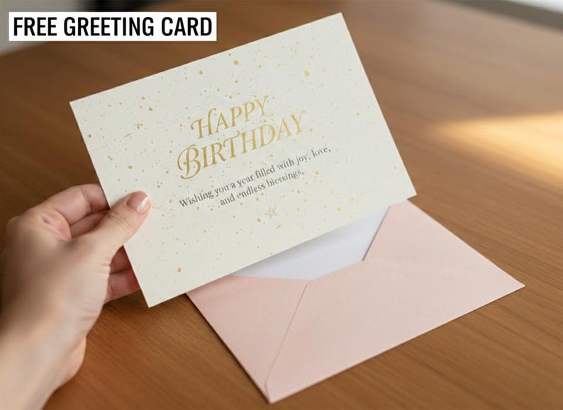 Puede incluir: Una tarjeta de felicitaci&oacute;n de cumplea&ntilde;os crema con letras doradas y un sobre rosa. La tarjeta dice "Feliz Cumplea&ntilde;os" con un mensaje debajo. Las palabras "TARJETA DE FELICITACI&Oacute;N GRATUITA" est&aacute;n en la esquina superior izquierda.
