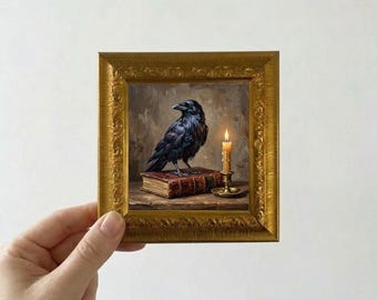 Raven on Book with Candle Oil Painting Mini Framed Canvas Wall Art