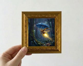 Firefly Carrying Umbrella Oil Painting Mini Framed Canvas Wall Art
