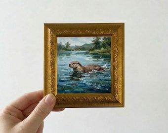 Petite peinture à l'huile sur toile encadrée, loutre nageant