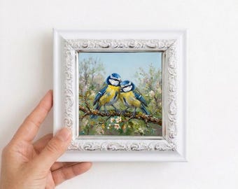 Bird Couple Oil Painting Mini Framed Canvas Wall Art