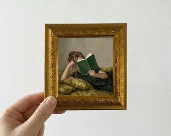Mujer leyendo un libro, pintura al óleo, mini lienzo enmarcado, arte de pared