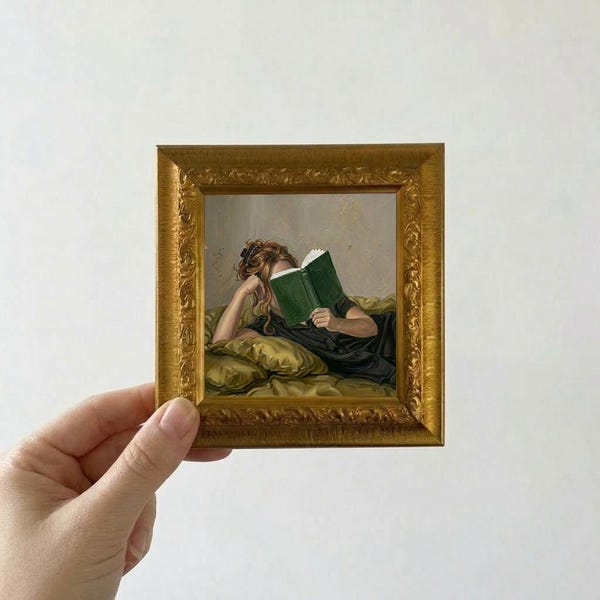 Woman Reading Book Oil Painting Mini Framed Canvas Wall Art