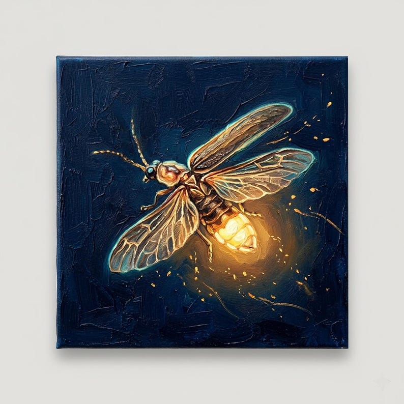 Puede incluir: Pintura cuadrada sobre lienzo de una luci&eacute;rnaga. La luci&eacute;rnaga est&aacute; representada con alas detalladas y un abdomen brillante, sobre un fondo azul oscuro. La obra de arte utiliza un estilo de pincelada texturizada, con reflejos y detalles en tonos dorados y marrones.