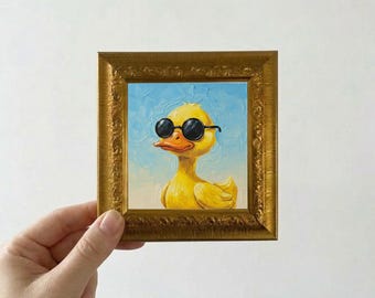 Oryginalny obraz olejny „Kaczka”, miniaturowa oprawiona sztuka ścienna na płótnie