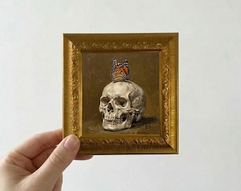 Butterfly on Skull Oil Painting Small Framed Canvas Wall Art