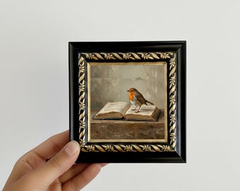 Robin Bird Reading a Book Oil Painting Small Framed Canvas Wall Art