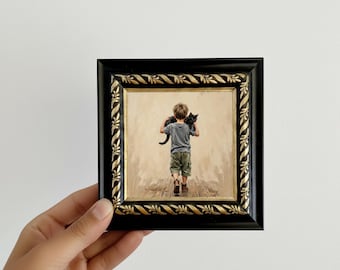 Boy Carrying Cat Oil Painting Mini Framed Canvas Wall Art