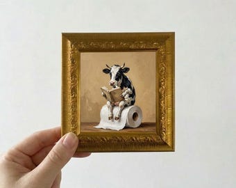 Cow Reading Book on Toilet Paper Oil Painting Small Framed Canvas Wall Art