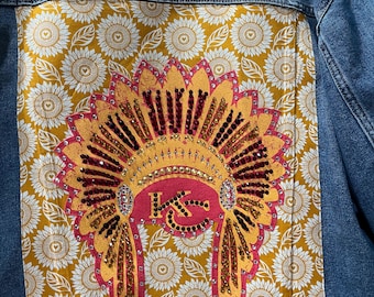 Kansas City Chiefs, Women’s Bedazzled Denim Jacket, Rhinestone Chief, KS Sunflowers,  Kansas City Chiefs Apparel, KC Fan, Tailgating, Size M