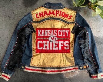 Custom Kansas City Chiefs denim blinged jean jacket, genuine leather fringe, unique and one-of-a-kind!