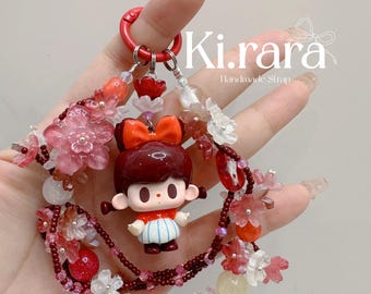 Handgemachte Puppe Blumen Anhänger | Rot Perlen Taschengurt Keychain