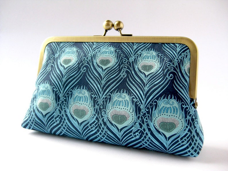 Art Nouveau Turquoise Peacock feather clutch purse in Liberty of London print, evening bag, BagNoir image 1