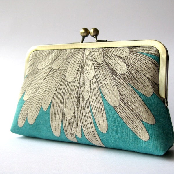 Pochette fleurie turquoise doublée de soie chrysanthème, sac noir, pochette de demoiselle d'honneur, pochette formelle pour mariage