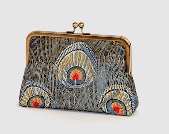 Free Chain, Peacock feathers Liberty of London print clutch silk lining, Bride clutch, Bridesmaid gift idea, Evening purse, Wedding clutch