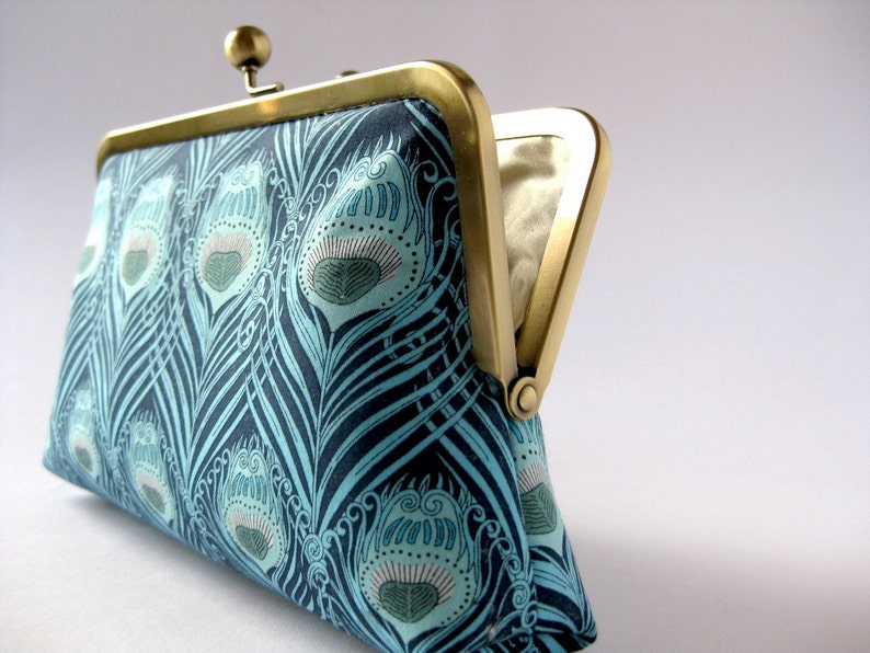 Art Nouveau Turquoise Peacock feather clutch purse in Liberty of London print, evening bag, BagNoir image 3