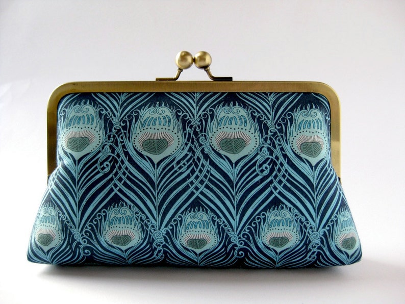 Art Nouveau Turquoise Peacock feather clutch purse in Liberty of London print, evening bag, BagNoir image 4