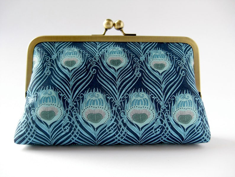 Art Nouveau Turquoise Peacock feather clutch purse in Liberty of London print, evening bag, BagNoir image 2