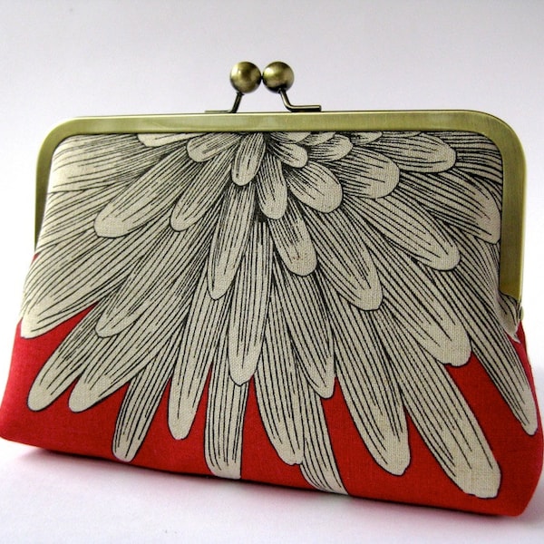 Rote Chrysantheme Leinen Clutch: Seide gefütterte Abendtasche, Handgemacht