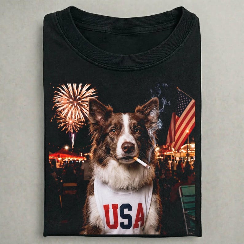 May include: A black crew neck t-shirt featuring a graphic of a brown and white dog wearing a white tank top with the text USA printed in red and blue. The dog has a cigarette in its mouth, with fireworks and an American flag in the background.