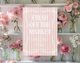 Faire-part de douche nuptiale fraîchement sorti du marché avec rayures roses – Modèle de toile éditable