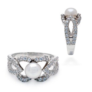 Pearl Ring Sterling Silver: Balinese Handcrafted with White CZ Pavé